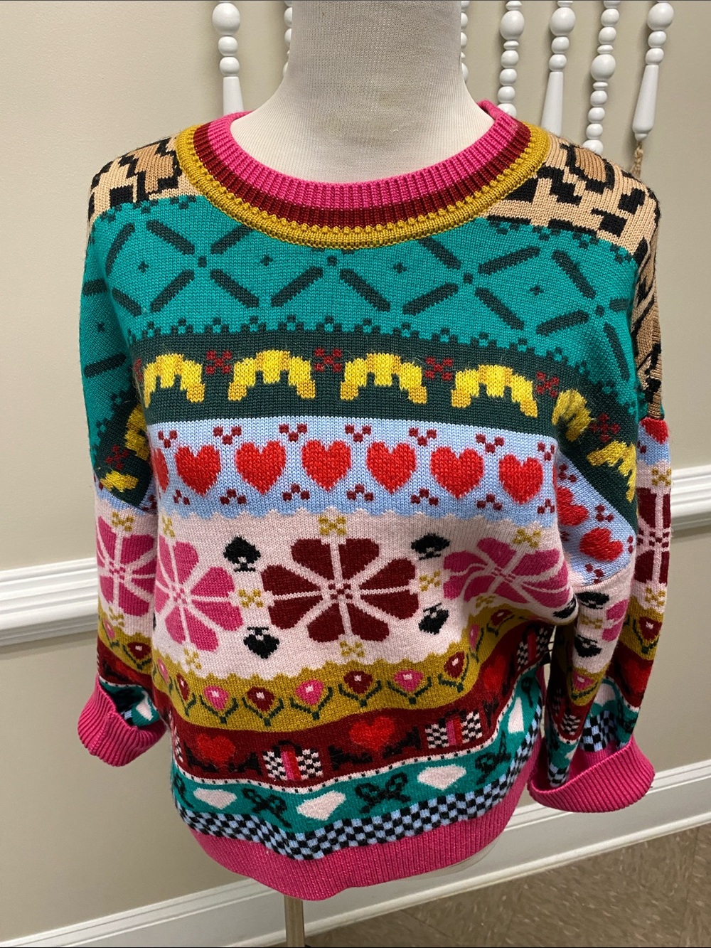 kate spade Multicolor Floral & Heart Crewneck Sweater - Teal/Pink/Red/Yellow